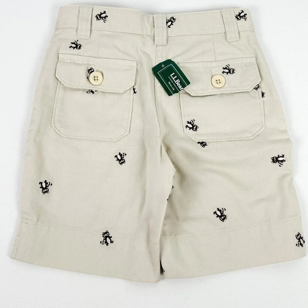 LL Bean Bermuda Shorts Girls Size 4‎ Khaki Raccoon Embroidered Cotton Twill NWT